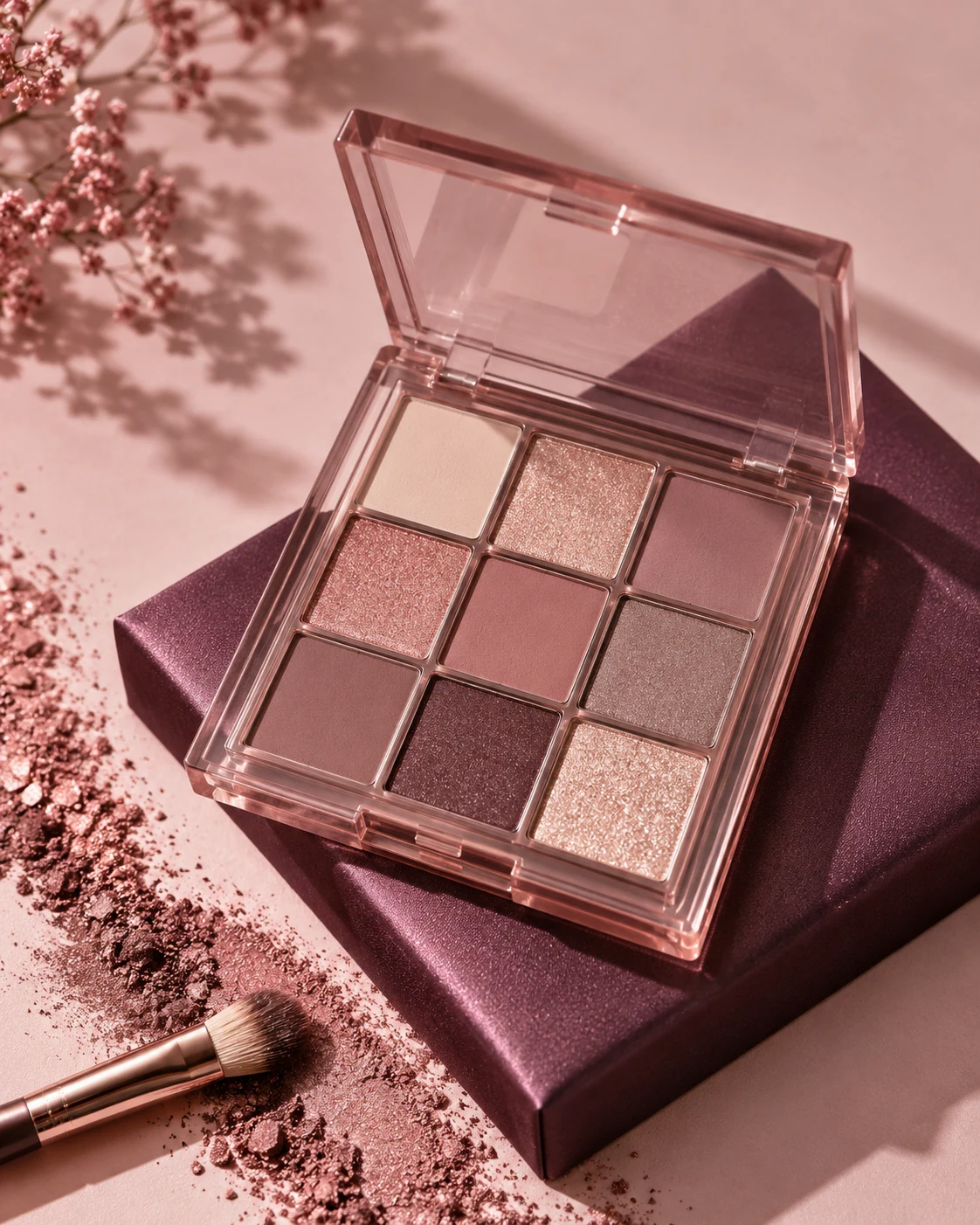 Illustrative compact eyeshadow palette in rose, taupe and plum tones for the Dikalu guide